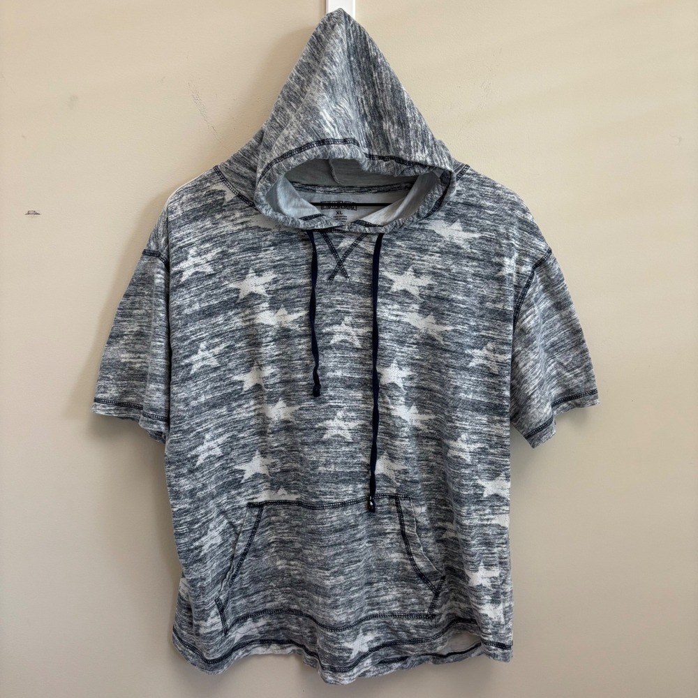 Metro 1 Mens XL Short Sleeve Hoodie Gray Star Print Cotton Pullover Pocket
